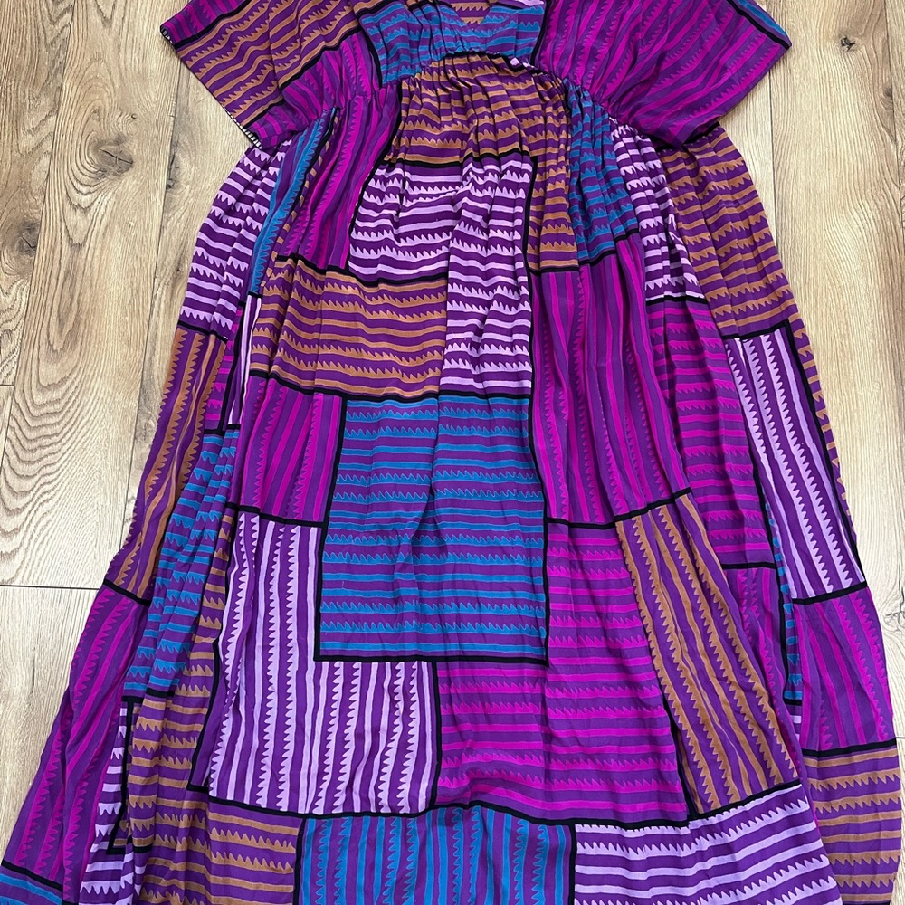 Anthropologie Purple and Blue A-line Maxi Dress with Flutter Sleeves